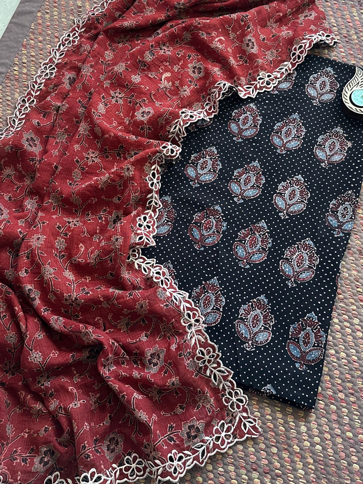 Pure Cotton Malmal Handblock Fabric in Ajrak with Cutwork Embroidered Dupatta